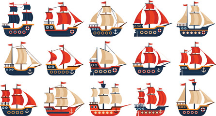 Vintage Sailing Ships Vector Set Featuring Traditional Galleons, Caravels, and Nautical Vessels with Red and White Sails for Maritime and Adventure Designs © sojibislam