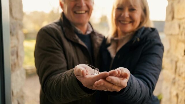 Real estate agent senior client couple smile receive new home key happy home purchase