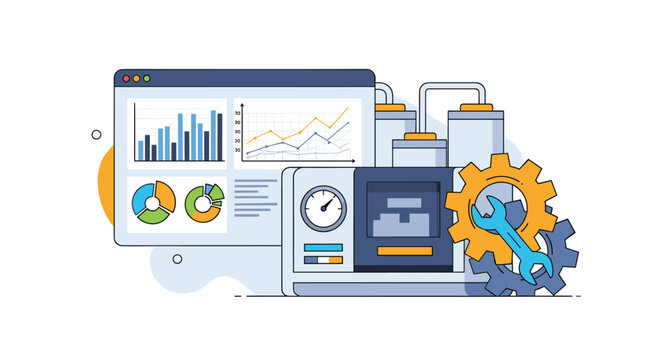 Advanced industrial automation and machine monitoring dashboard featuring gears, a wrench, and data charts.