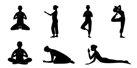 Eight distinct yoga poses illustrated in a simple and clear manner.