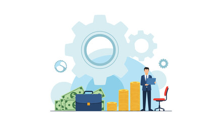 Naklejka premium Business operations and financial management featuring large gears, a man with a tablet, a briefcase, and growing stacks of money.