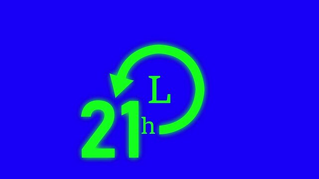 Green Clock 21 hours icon, isolated on transparent Blue   background with alpha channel Clock , Hud icon timer time passage waiting time animation 4K , 