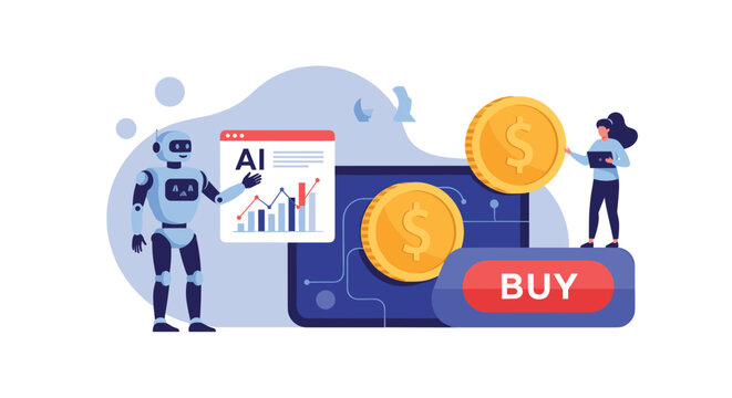 Artificial intelligence in financial trading featuring a robot analyzing charts alongside a human investor and dollar coins.