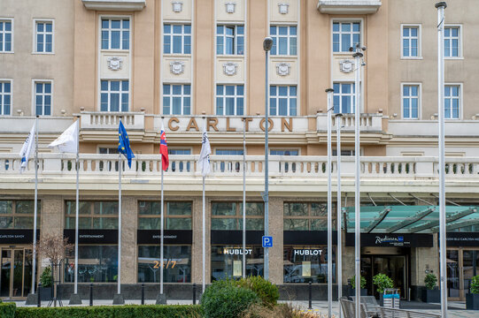 Bratislava, Slovakia - January, 4, 2024: Radisson Blu Carlton Hotel  in Bratislava, near the Danube river .