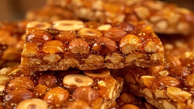Close-up Macro Shot of Stacked Crunchy Nut Brittle Bars Covered in Golden Caramelized Sugar, Highlighting Almond and Hazelnut Texture