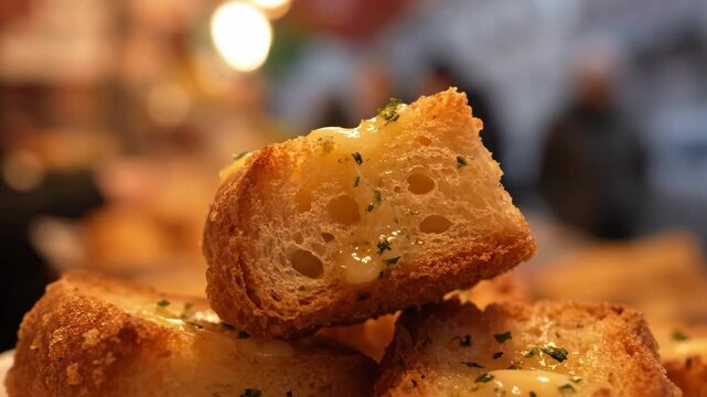 Close-up stack of golden-brown garlic toast or buttery croutons topped with melted sauce and fresh herbs, photographed in a warm, inviting environment with bokeh background.