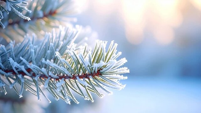 Frosted pine branch with needles, with blurred background and sunlight