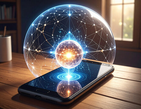 Futuristic 5G/8G network technology: Holographic digital sphere rising from a smartphone