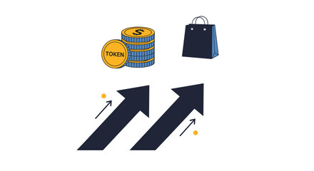Obraz premium Stack of tokens, a shopping bag, and upward pointing arrows representing the rising value of digital tokens in e-commerce.