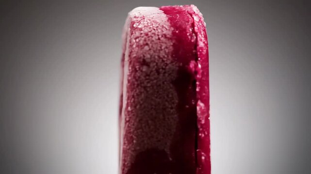 Extreme close-up of a frosty red fruit popsicle with condensation and crystalline texture, symbolizing cold summer refreshment.