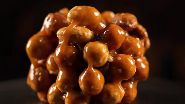 Macro Shot of Crunchy Nut Cluster Covered in Dripping Sweet Caramel Sauce Against a Dark, Dramatic Background.