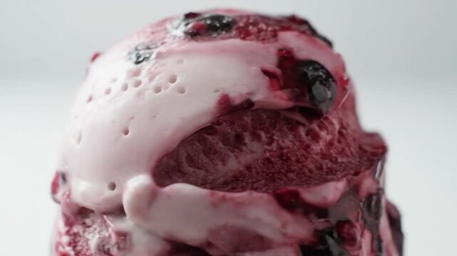 Extreme Close-up of Rich Raspberry Swirl Ice Cream Scoop Showing Frozen Texture and Creamy Dessert Details Against a Bright Background