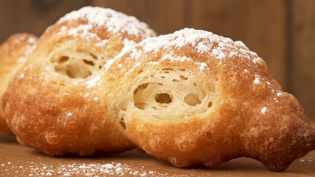 Close-up Macro Shot of Fluffy Fried Dough Pastry Dusted with White Powdered Sugar. Delicious Sweet Dessert on a Rustic Wooden Table.