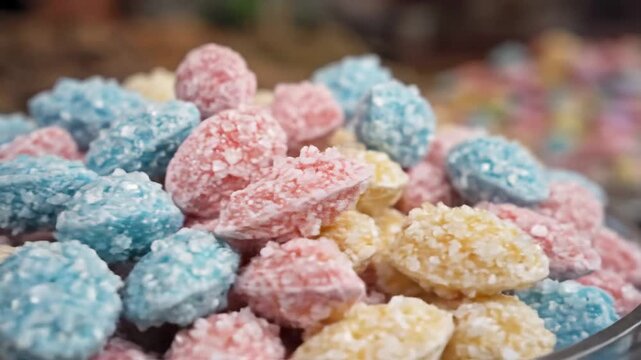 Close-up macro shot of vibrant sugar-coated hard candies piled high in a bowl, featuring pink, blue, and yellow confectionery.