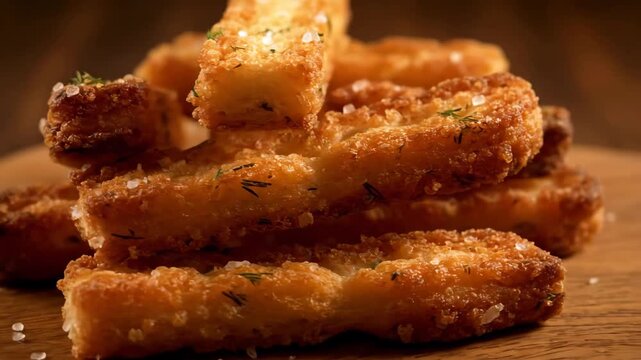 Macro close-up shot of crispy golden fried bread sticks seasoned with flakes of sea salt and herbs, stacked high on a dark wooden cutting board.