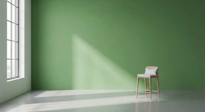 Bright minimalist interior with lime green wall and natural light streaming through the window.