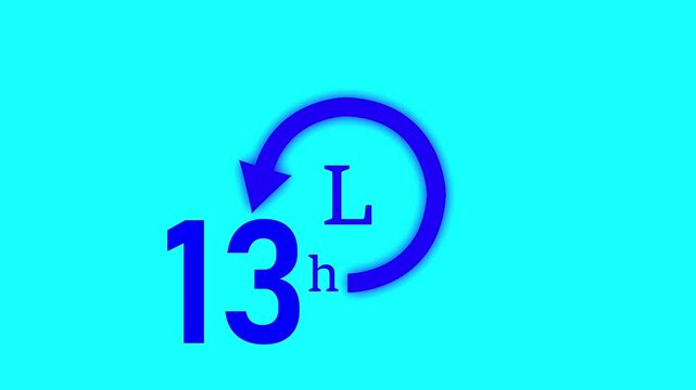 Blue  Clock 13hours icon, isolated on transparent Cyan  background with alpha channel Clock , Hud icon timer time passage waiting time animation 4K , 