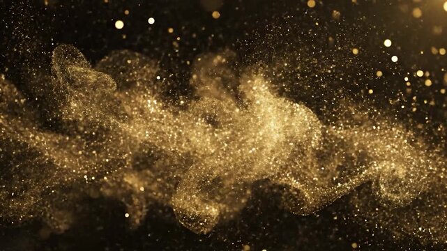 Golden particles explode from a bright light source, creating a shimmering
