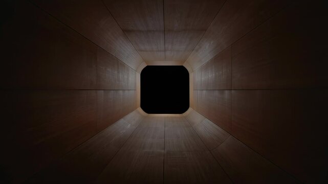 Empty room interior with a shaft of light across the parquet floor and a blank frame on the wooden wall of a dark art gallery space