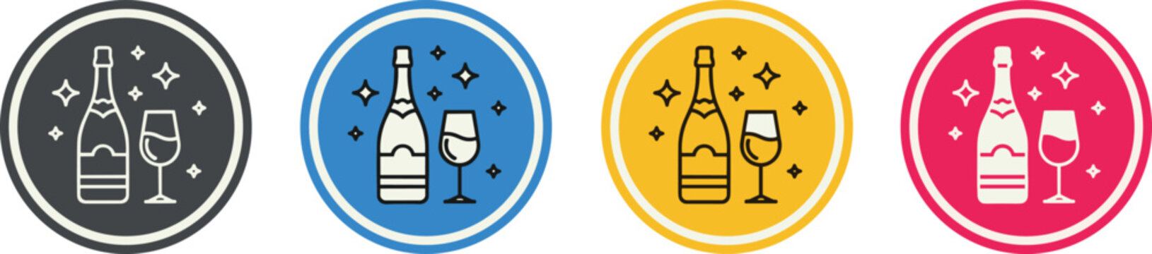 Wine Bottle and Glass Celebration Icon Set &ndash; Alcohol Beverage Symbol in Circular Flat Design