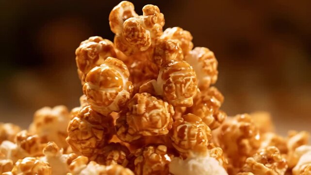 Appetizing close-up of gourmet caramel popcorn piled high, coated in a thick, glossy golden sugar glaze, perfect for a movie night or sweet snack.