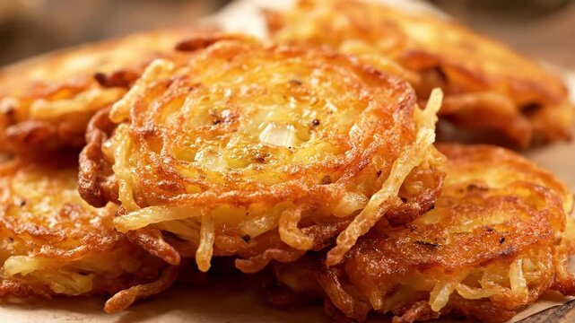 Close-up stack of crispy golden fried potato pancakes (latkes or draniki). Macro shot of delicious, traditional grated potato and onion fritters, perfect for Hanukkah or brunch.