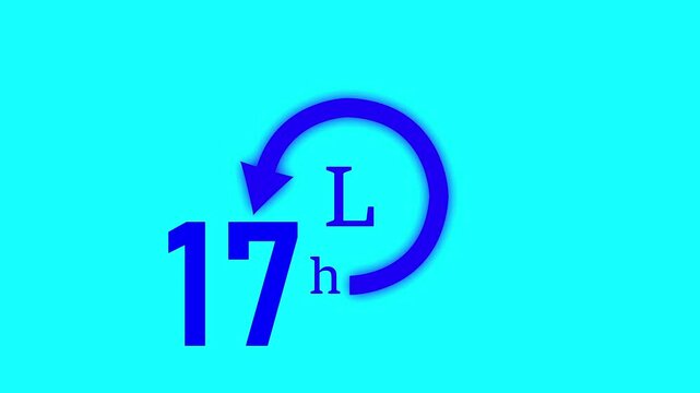 Blue Clock 17 hours icon, isolated on transparent Cyan  background with alpha channel Clock , Hud icon timer time passage waiting time animation 4K , 