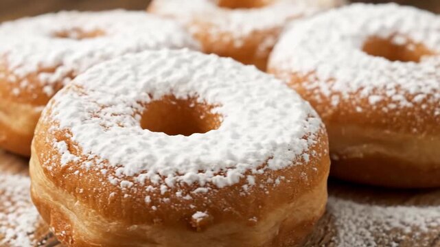 Delicious golden-brown donuts topped with a thick layer of white powdered sugar, close-up shot of fresh baked goods on a rustic wooden background.