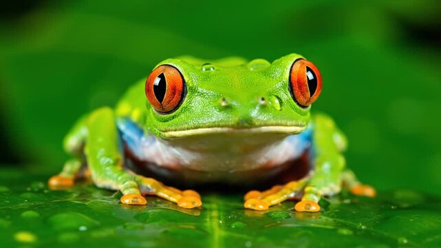 A vibrant green tree frog with striking red eyes sits on a leaf, captured in a close-up, front-view portrait amidst lush foliage.
