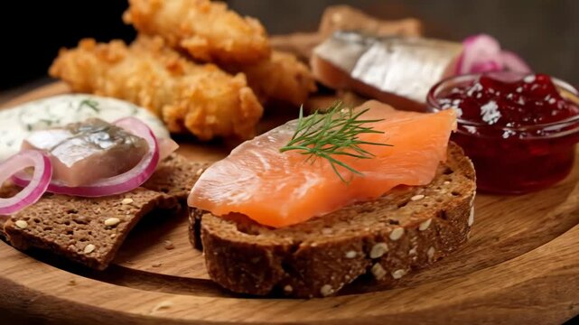 Traditional Scandinavian seafood platter with fried fish fillets, smoked salmon, pickled herring, dill sauce, and rye bread on a rustic wooden board.