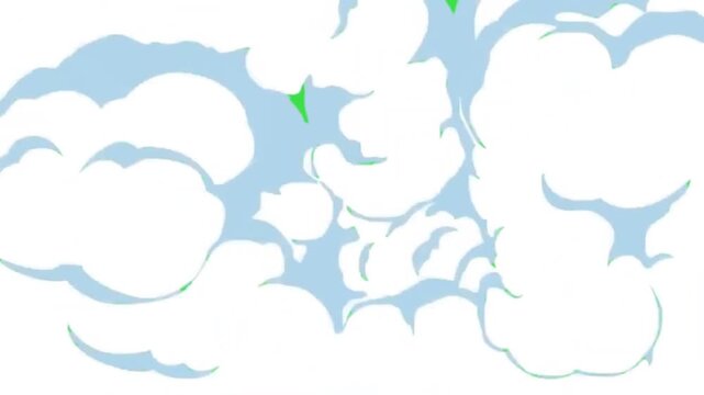 Animated white cartoon clouds transition with smoke burst effect on green screen