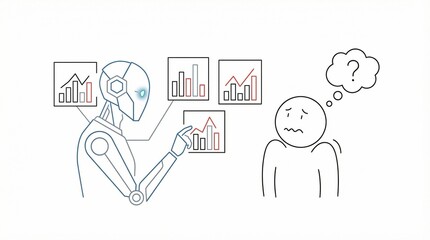 Minimalist illustration of AI robot analyzing data charts while human worker looks worried