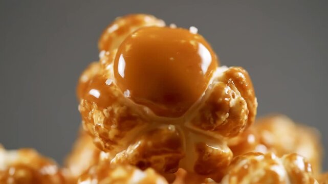 Extreme Close-up Macro Shot of Gourmet Salted Caramel Popcorn Kernels, Coated in a Glossy, Thick Caramel Sauce with Visible Sea Salt Flakes
