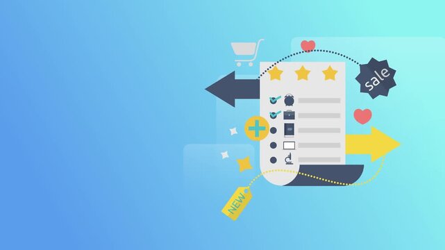 Digital checklist icons showcasing new items sale promotion and positive feedback