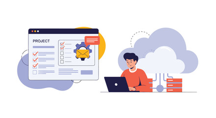 Project management and cloud computing workflow concept showing a professional managing tasks and digital data hosting.