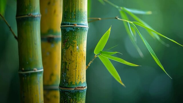 Close-up of green and yellow bamboo stalks and leaves against a green backdrop