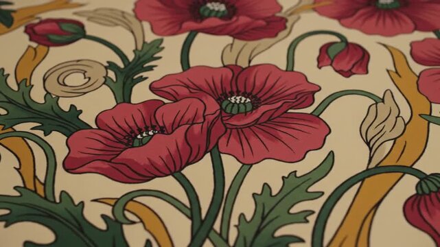 Art Nouveau inspired poppy floral pattern on cream background