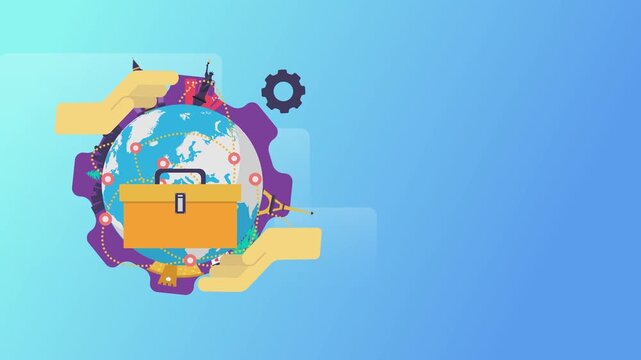 Global business solutions illustrated with tool box and connecting world