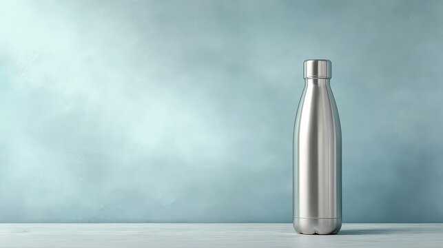 Stainless Steel Water Bottle on Light Gray Surface Against Light Blue Textured Background