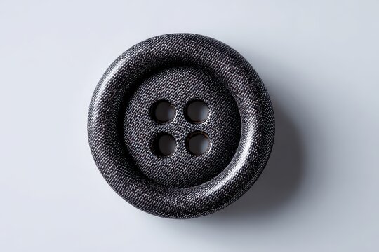Close Up of a Shiny Black and Silver Button with Four Holes on White Background with Soft Lighting and Shallow Depth of Field