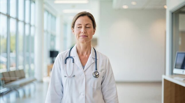 Medical Professional at Bright Modern Clinic Walking and Smiling in Corridor