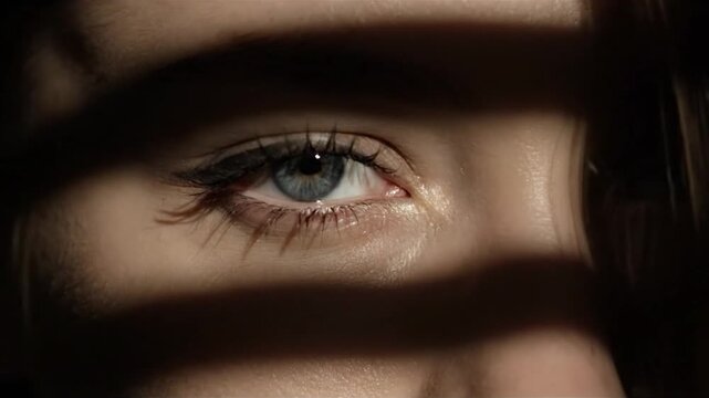 Close up of a womans eye with dramatic shadows across her face.