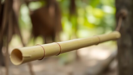 blowpipe. Bamboo blowpipe held in focus against blurred natural background, tribal aesthetic with natural materials. event programs.