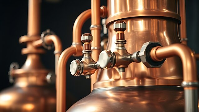 alembic. Detailed copper alembic still with polished pipes in warm light. bar promotions, beverage menus, packaging labels, designed for product packaging and bar promotions, used by professors.