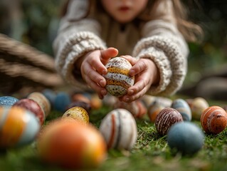 Kind präsentiert liebevoll bemalte Ostereier im Frühlingsgarten
