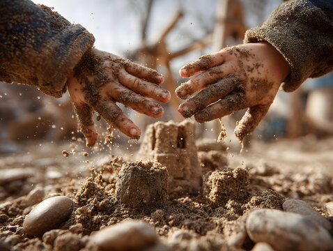 Kinderh&auml;nde bauen gemeinsam eine Sandburg am Strand