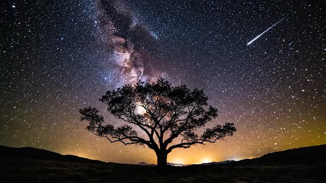 A solitary tree stands silhouetted against the breathtaking Milky Way and