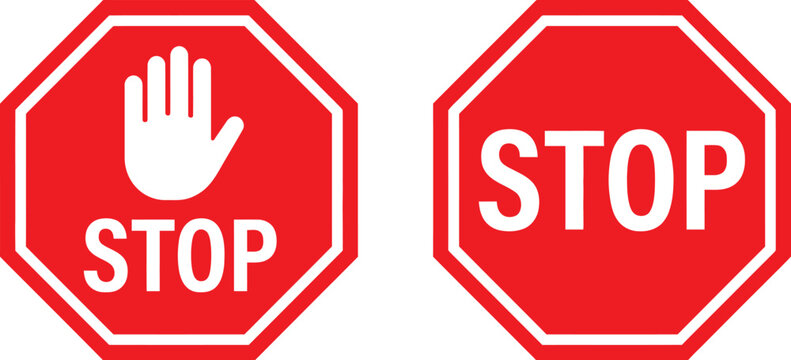 Two red octagon stop signs side by side with a white hand symbol and text on a white background.