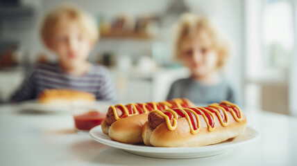 Two boys enjoy hot dogs in a bright, cheerful room filled with joy and laughter Generative AI