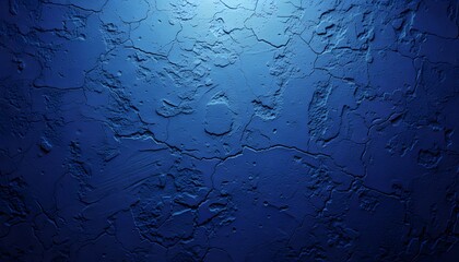 Blue cracked concrete wall texture. Gritty urban background and industrial surface. Close up of weathered plaster with deep crevices and overhead lighting